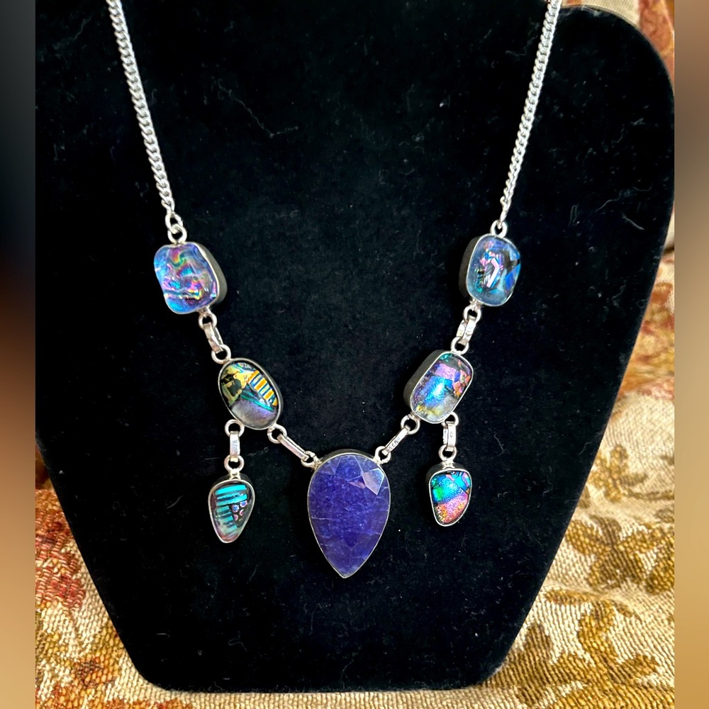 Gorgeous Raw Amethyst and Dichroic Glass Necklace 925